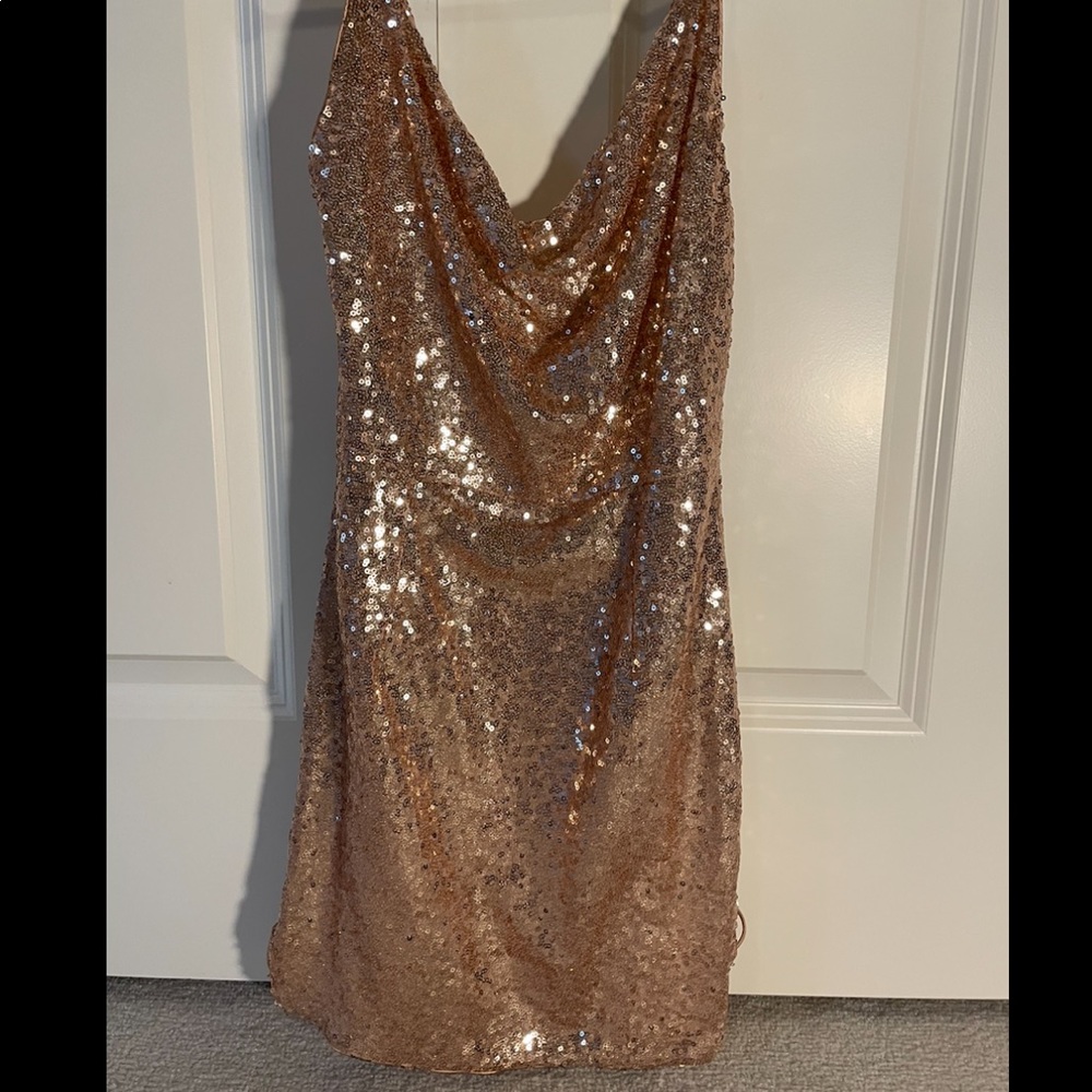 ROSE GOLD SEQUIN MINI DRESS WITH SLITS